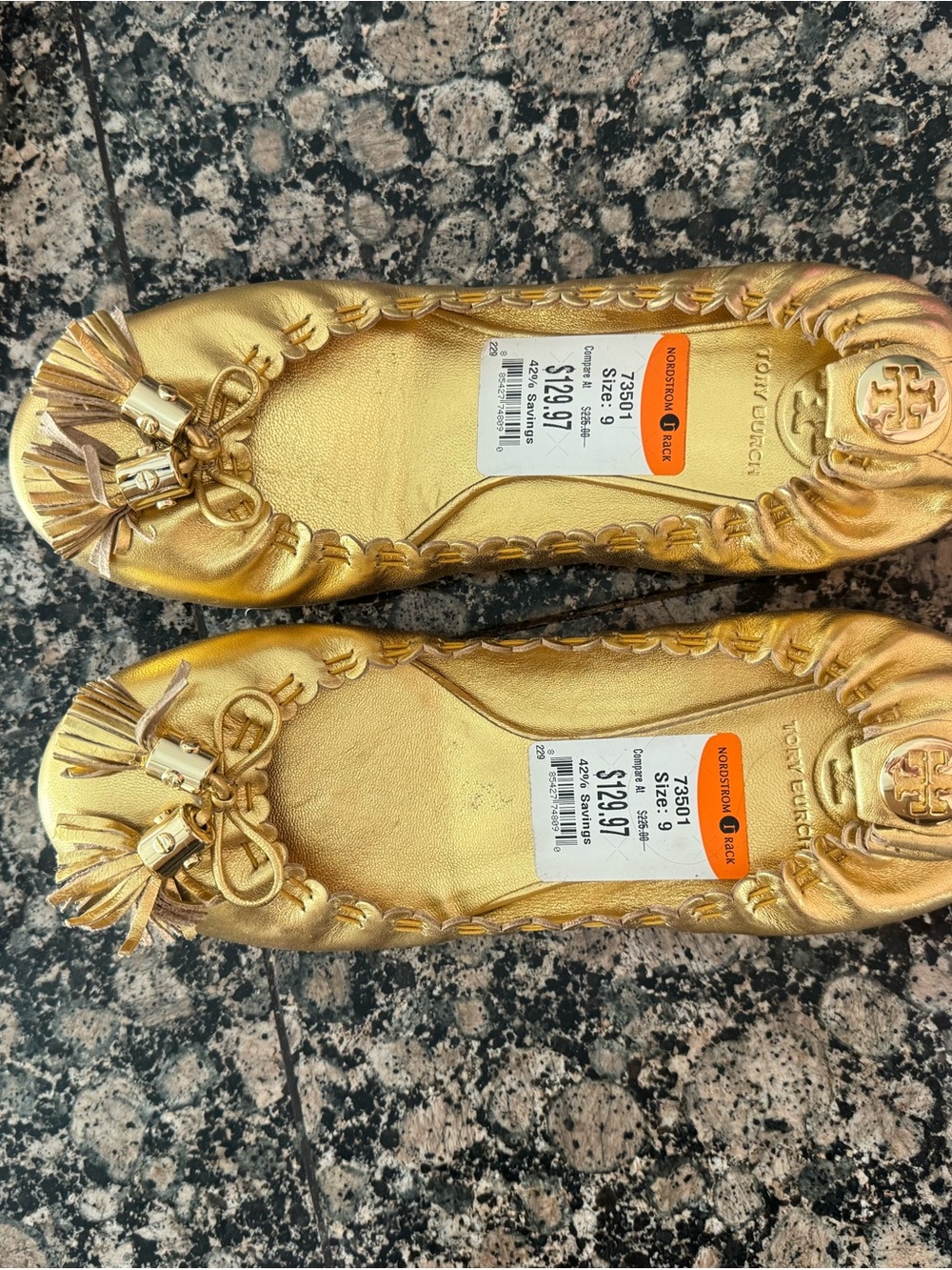 Tory Burch Metallic Gold Tassel Leather Ballet Flats